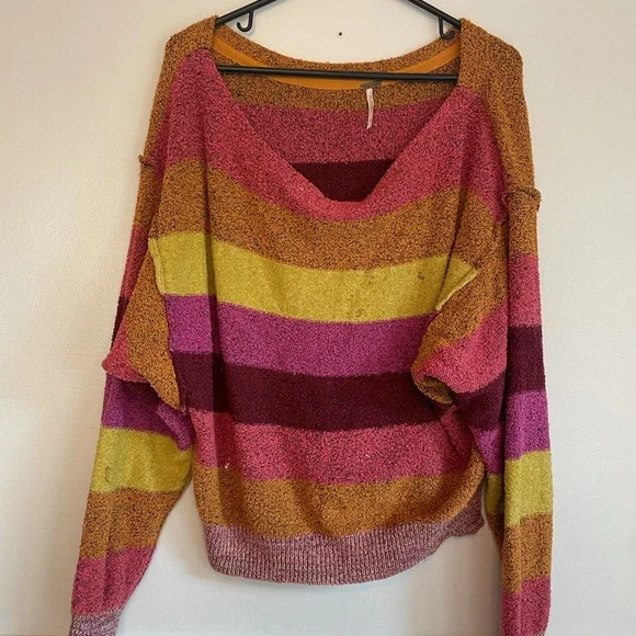 Free people candy land sweater womens large l colorful stripe shirt off shoulder - Picture 2 of 9